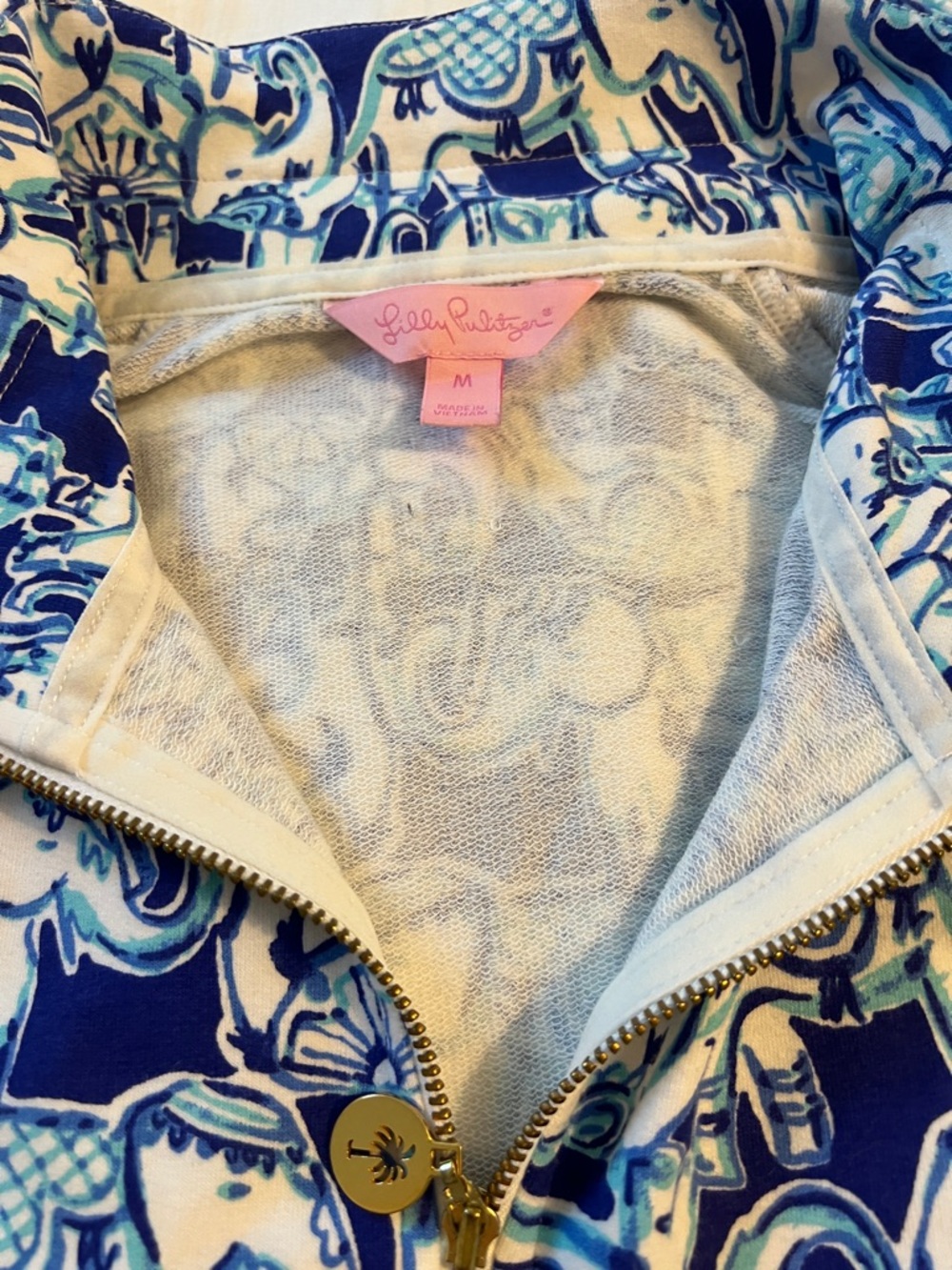 1/2 Zip Cotton, Blue/White of adorable elephants! Typical Lilly Pulitzer, CUTE!